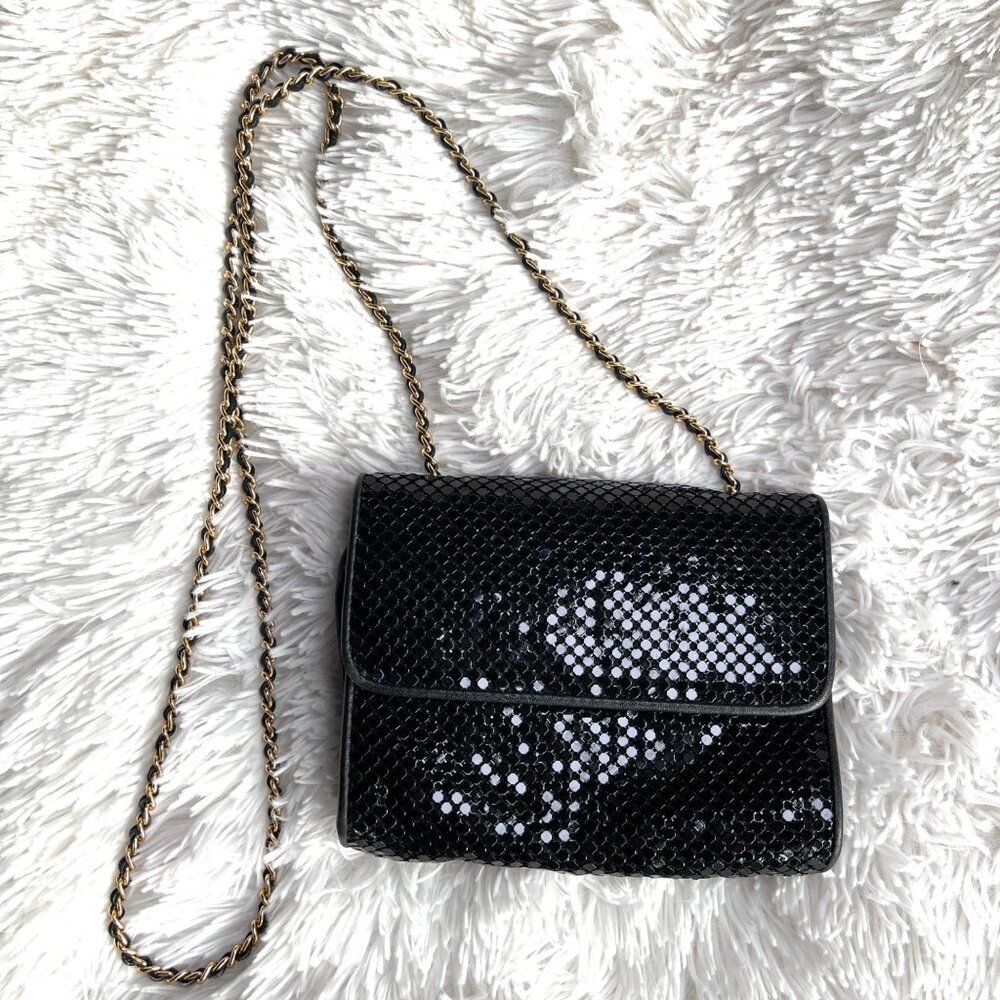 Whiting & Davis‎ Black Mesh Crossbody Bag With Gold Tone Chain & Interior Mirror